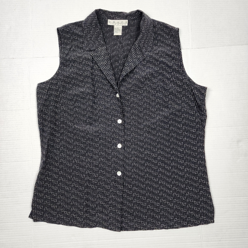 Grace Chemise Silk Blouse Black Grey Sleeveless Button-Up Top Size L - Picture 3 of 11